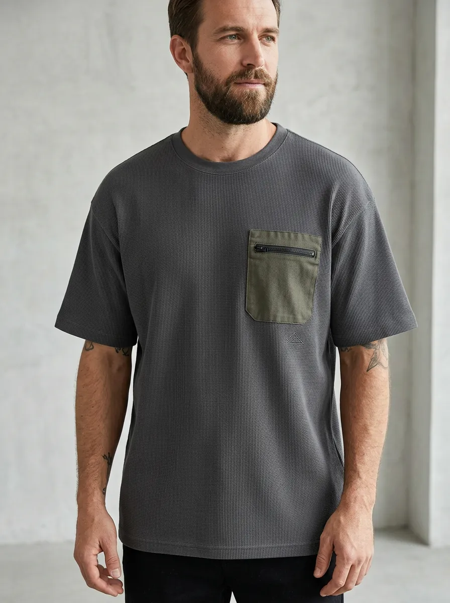 Practical Waffle Texture Active Look Men's Cargo Pocket T-Shirt