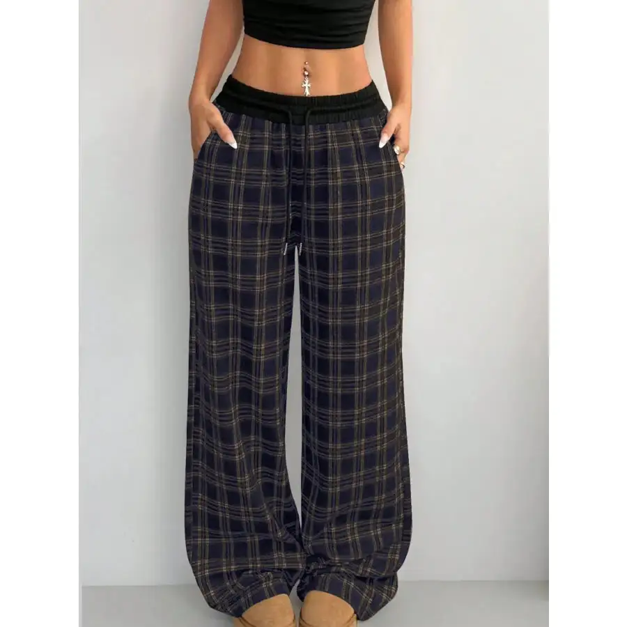 Plaid Wide Leg Pants with Drawstring Waist