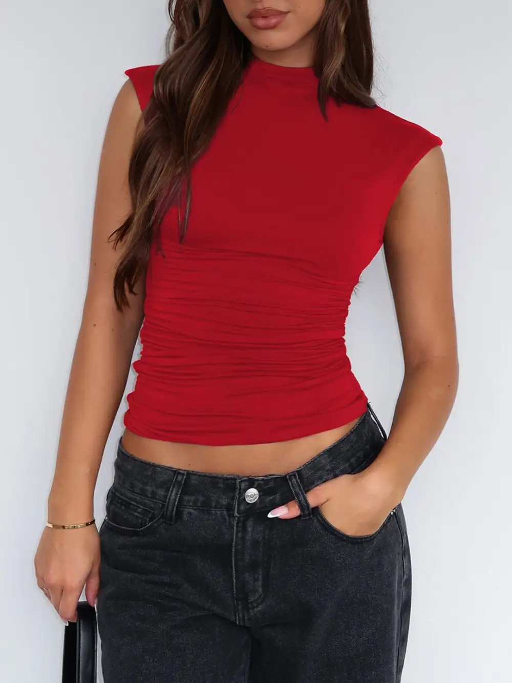 Ruched Mock Neck Sleeveless Tank Top
