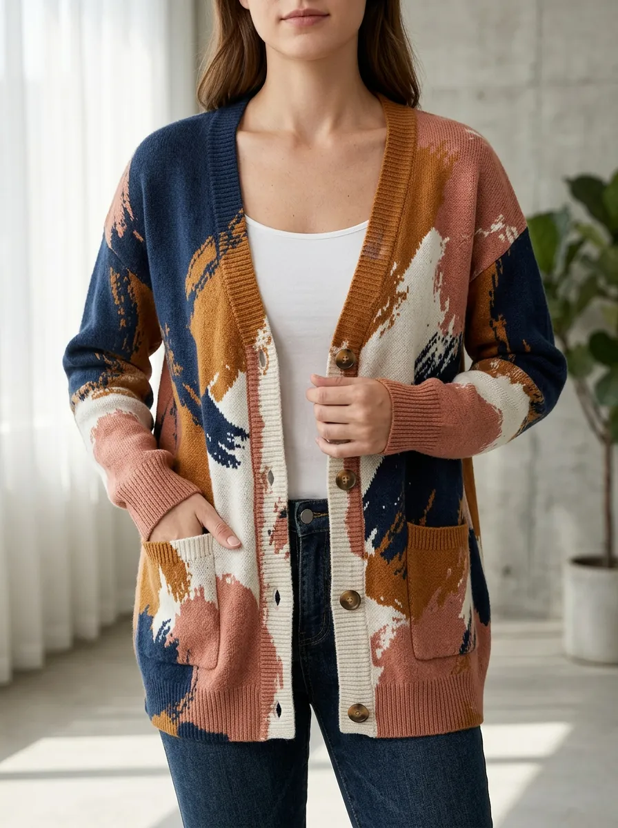 Women's Abstract Color Block Pattern Printed Cardigan