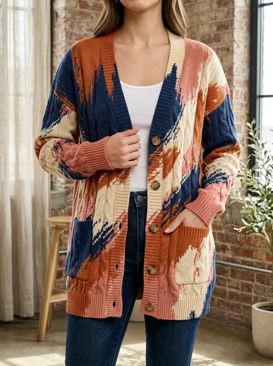Women's Boho Abstract Colorblock Pattern Knitted Cardigan