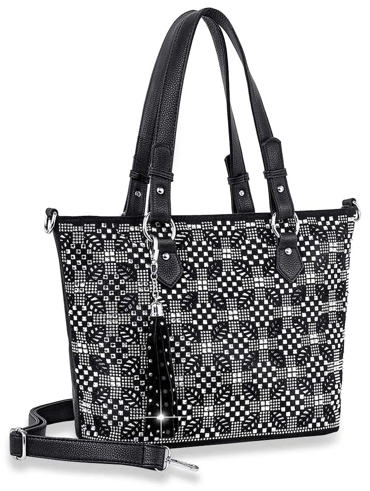 Crystal Accent Pocketed Geometric Faux Leather Tote Bag