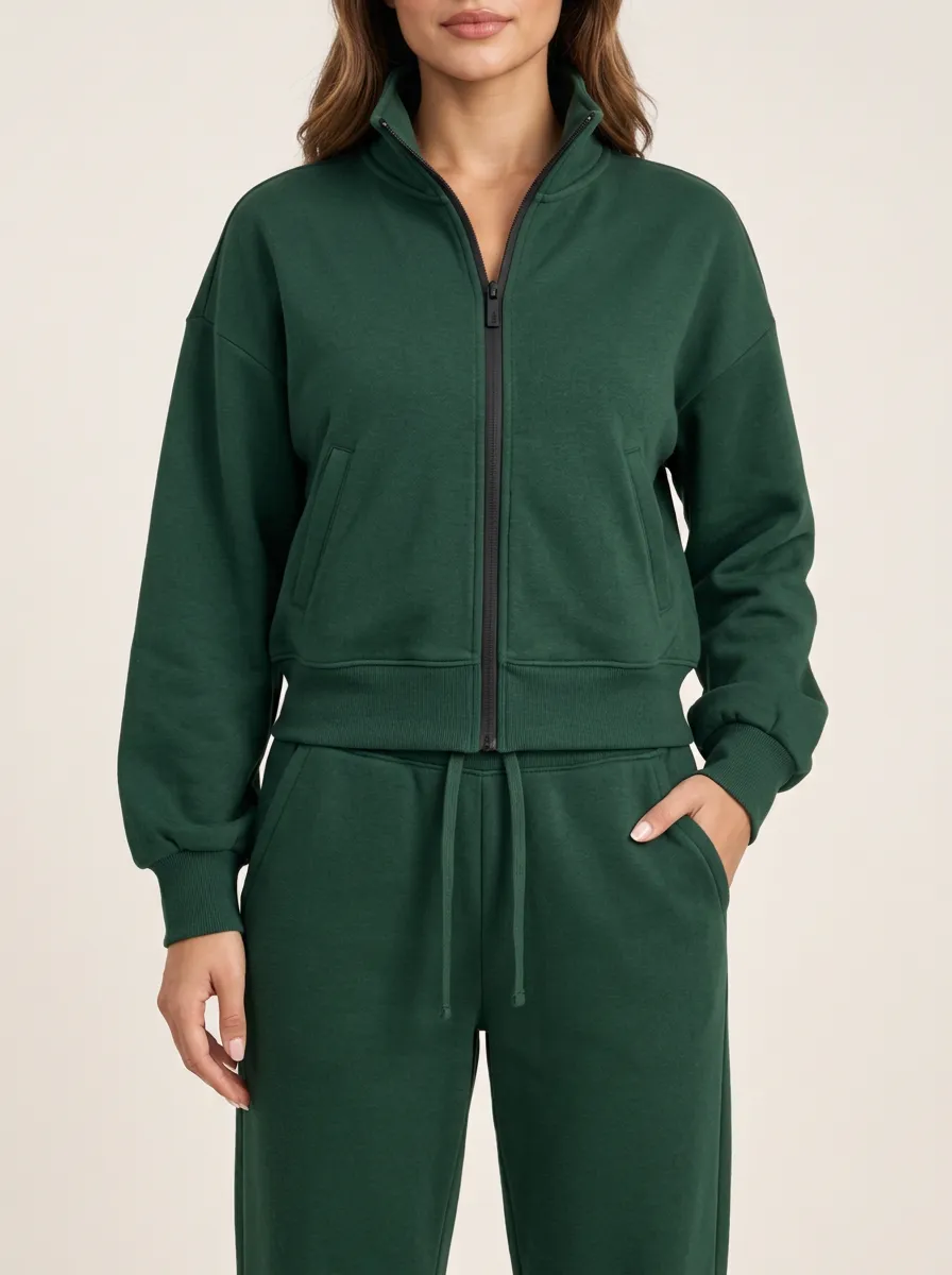 Zip Front Stand Collar Cropped Women's Long Sleeve Casual Two Piece Set