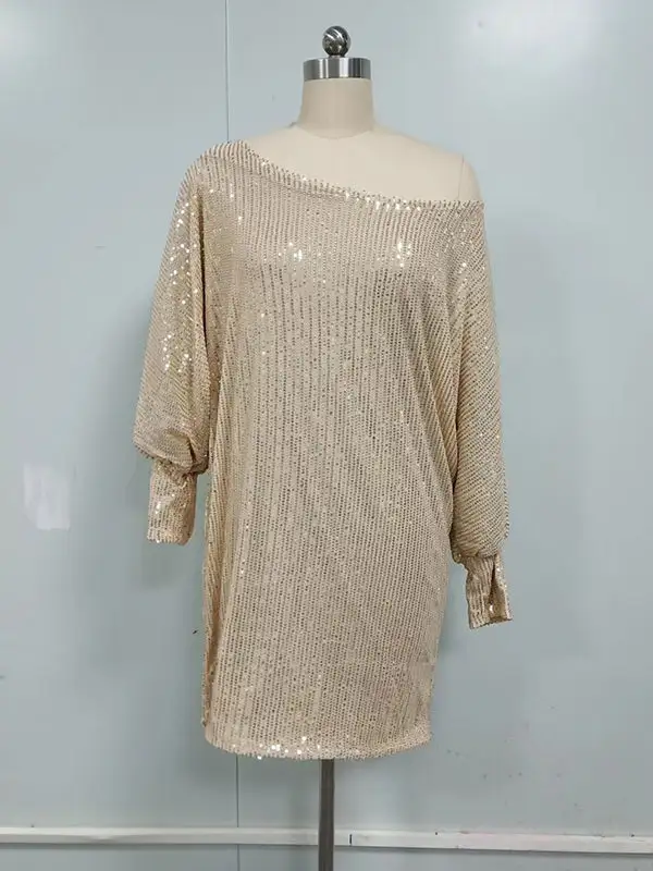 A Line Relaxed Asymmetric Sequined Solid Color One Shoulder Mini Dress