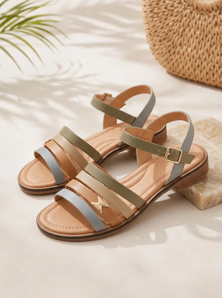 Women's Casual Summer Multi-Strap Metal Accent Flat Sandals