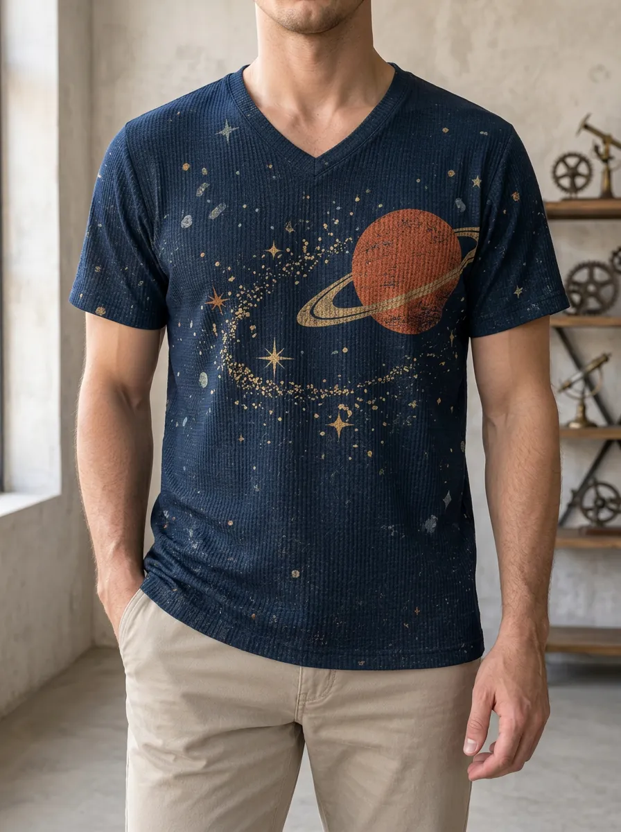 Men's Celestial Space Astronomy Planet Saturn V-Neck T-Shirt