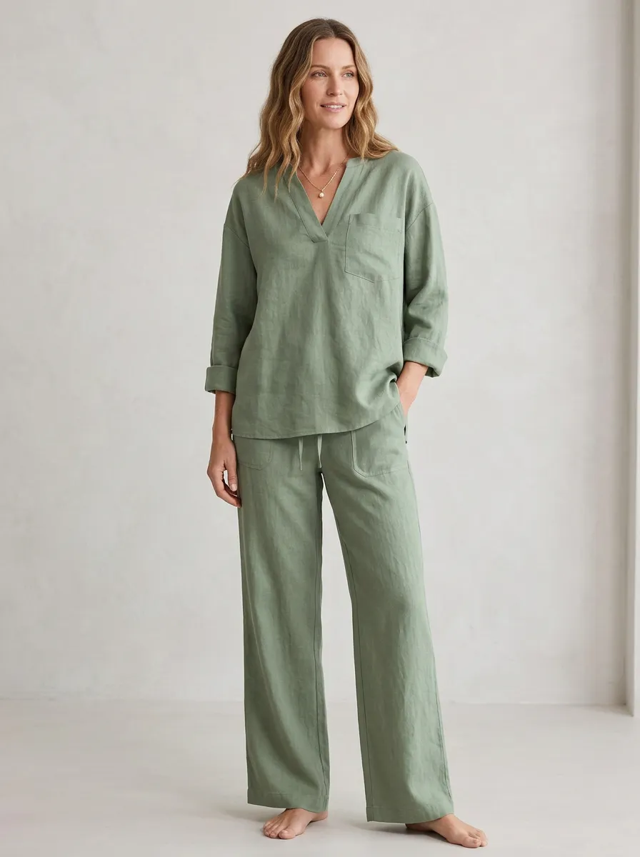 Weekend-Lounge Cotton-Linen V-Neck Long-Sleeve Lounge Set