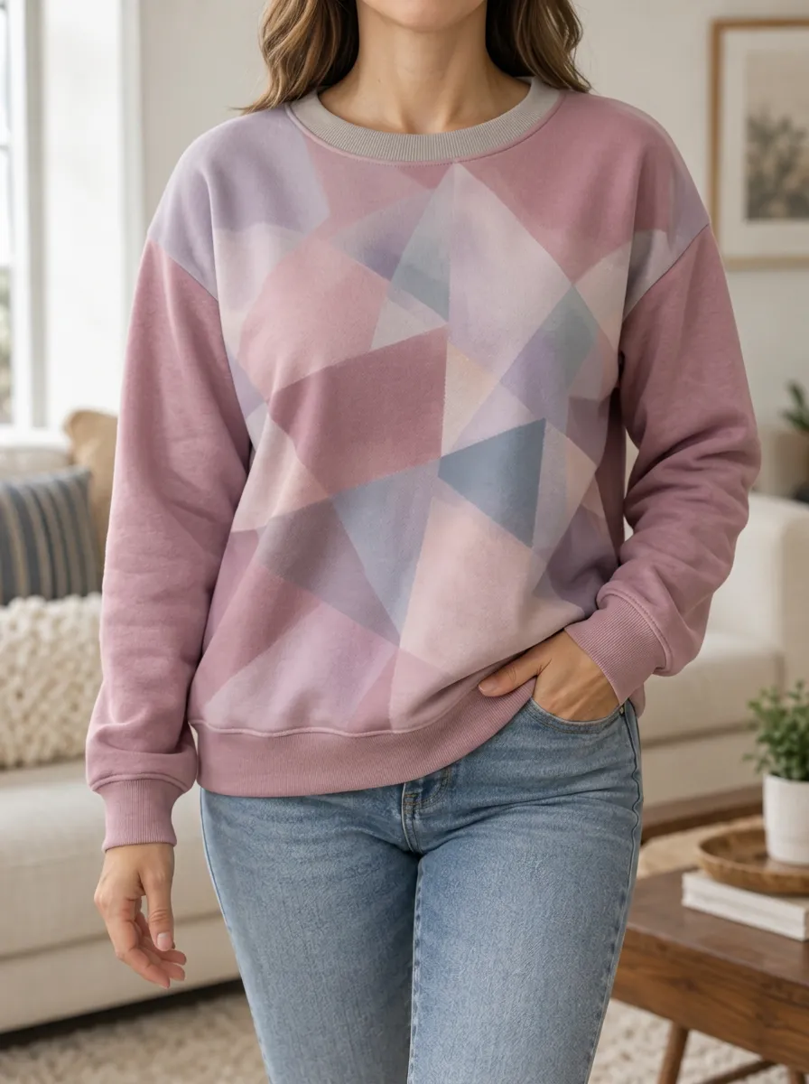 Women's Mauve Geometric Print Crewneck Sweatshirt