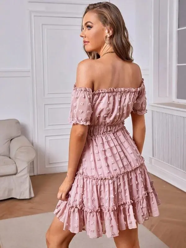 Women Swiss Dot Off Shoulder Dress