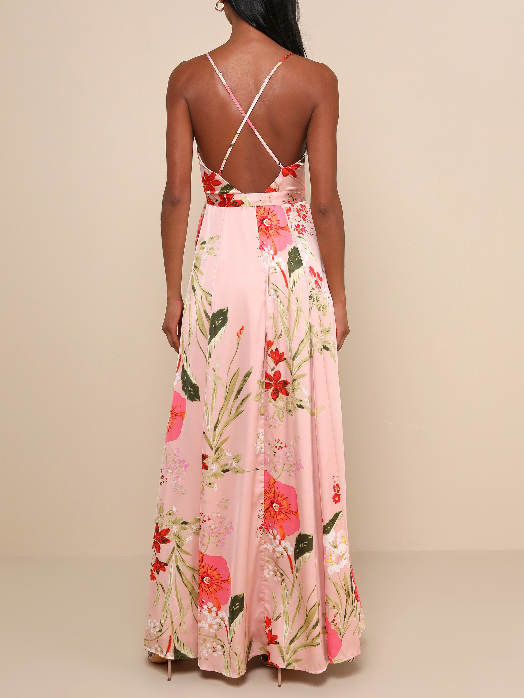 Red Floral Print Satin Maxi Dress