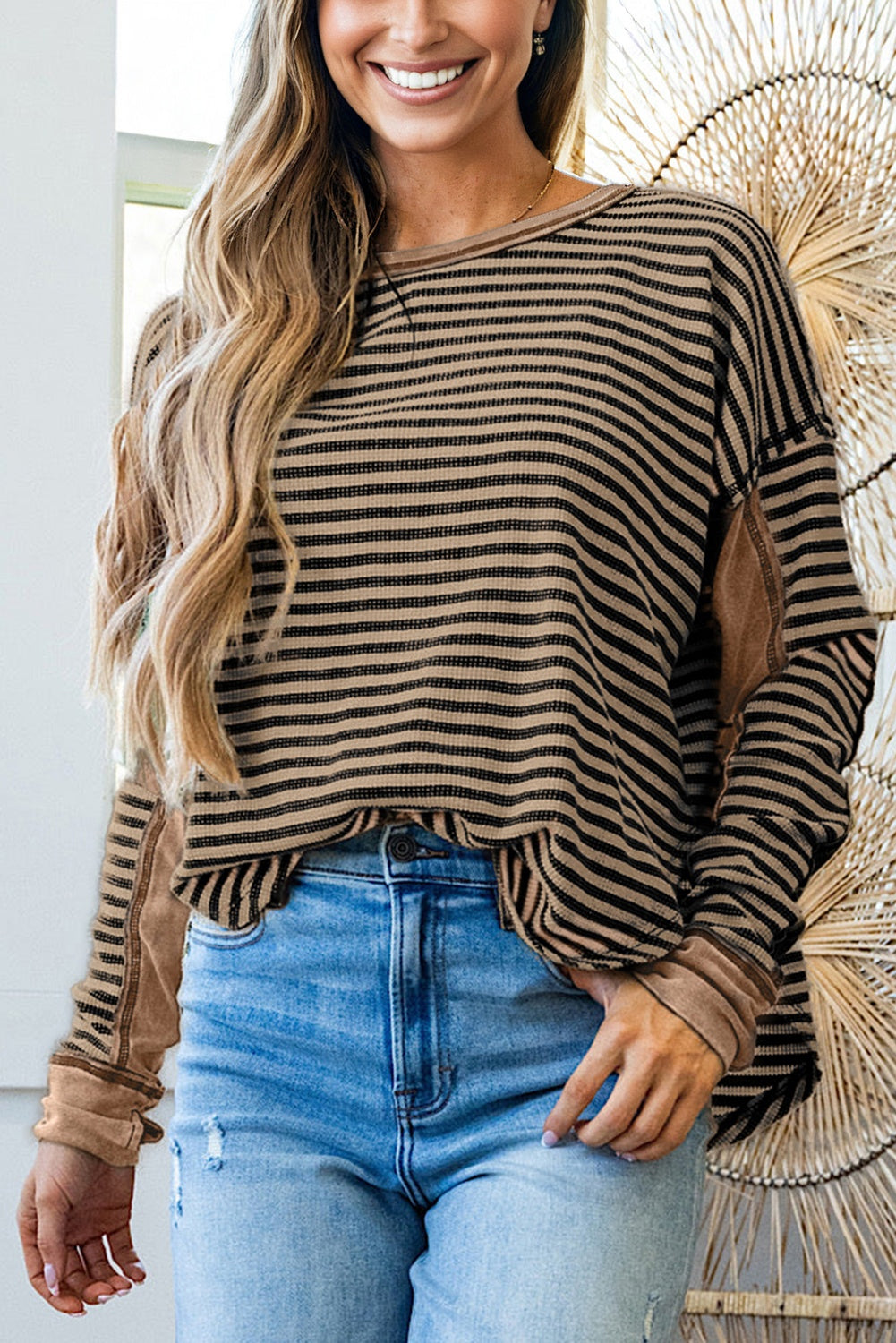 Women's Striped Thermal Knit Drop Shoulder Top