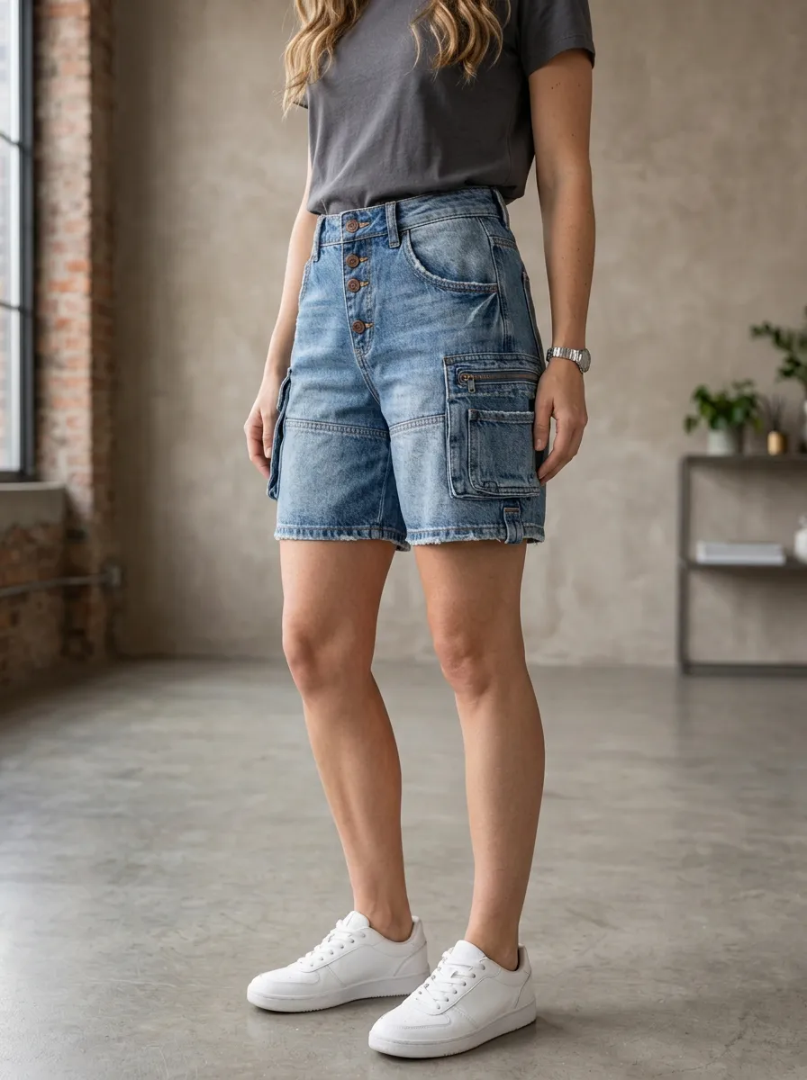 Women's High-Waisted Button-Fly Cargo Denim Shorts