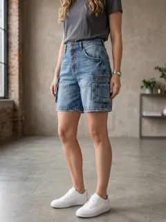 Women's High-Waisted Button-Fly Cargo Denim Shorts