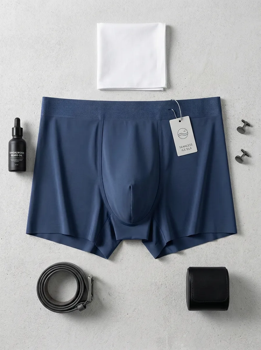 Men's Seamless Ice Silk Solid Blue Boxer Briefs