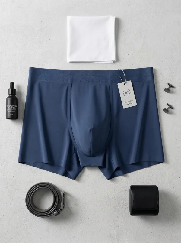 Men's Seamless Ice Silk Solid Blue Boxer Briefs
