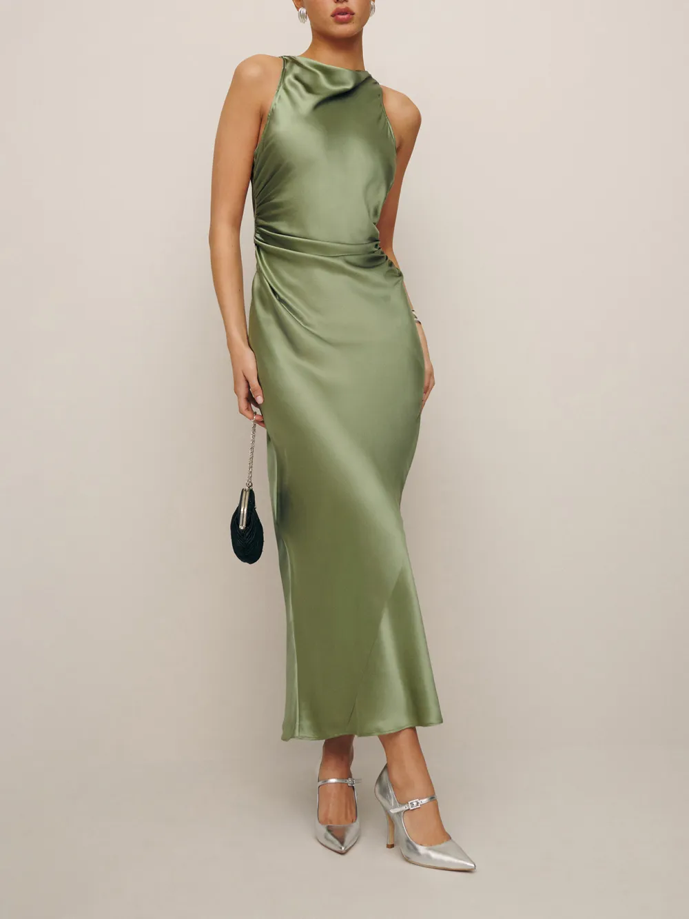 Sleeveless Satin Cowl Neck Midi Dress