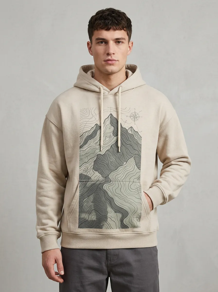 Men's Trail Hiking Outdoor Explorer Mountain Topographic Graphic Hoodie