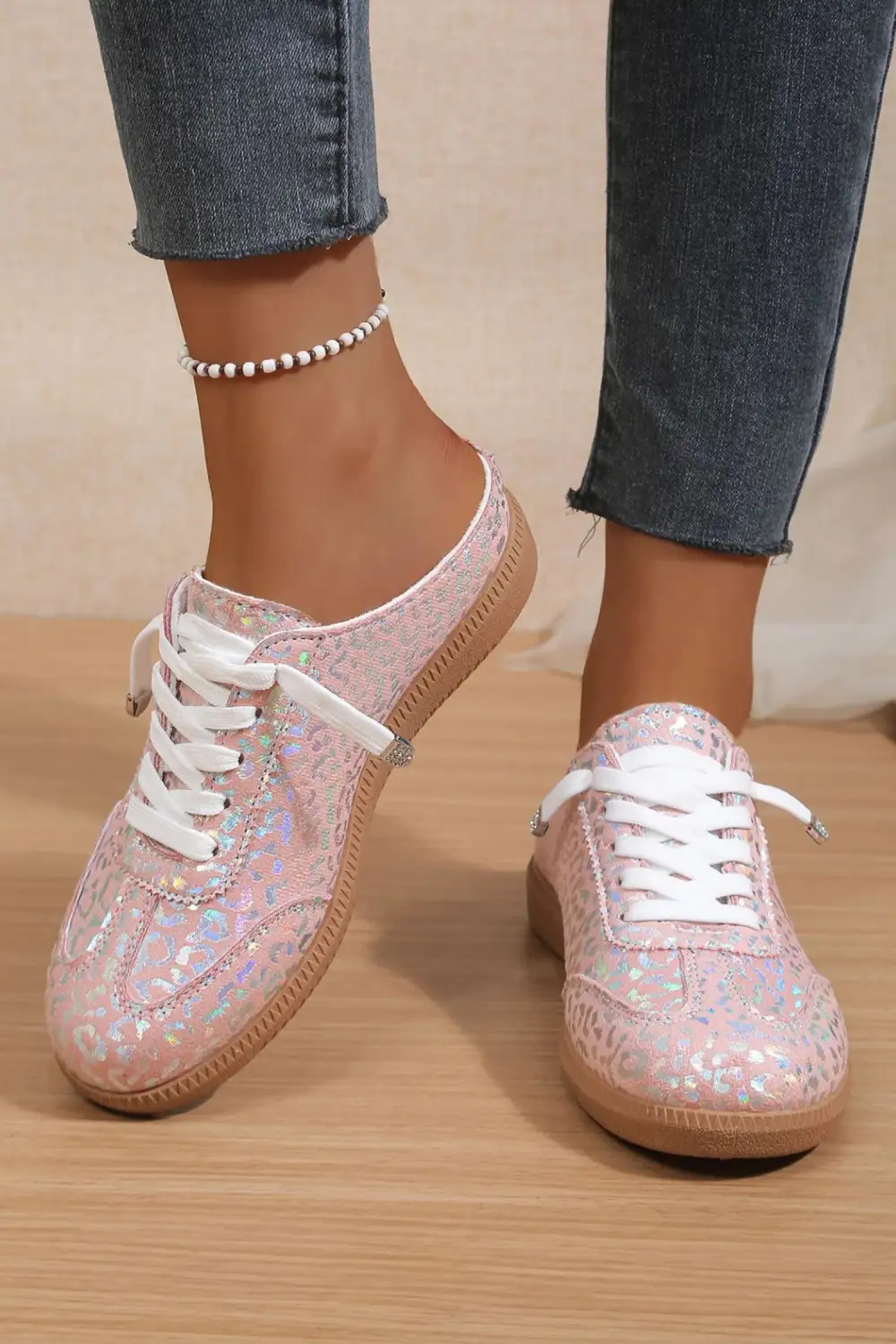Refined Leopard Metallic Accent Lace-Up Slip-On Sneakers
