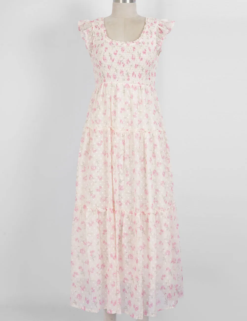 Ruffle Sleeves Tiered Hem Smocked Maxi Dress