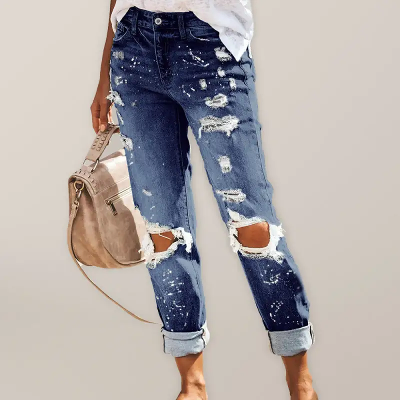 Straight Leg Ripped Stretch Washed Denim Jeans