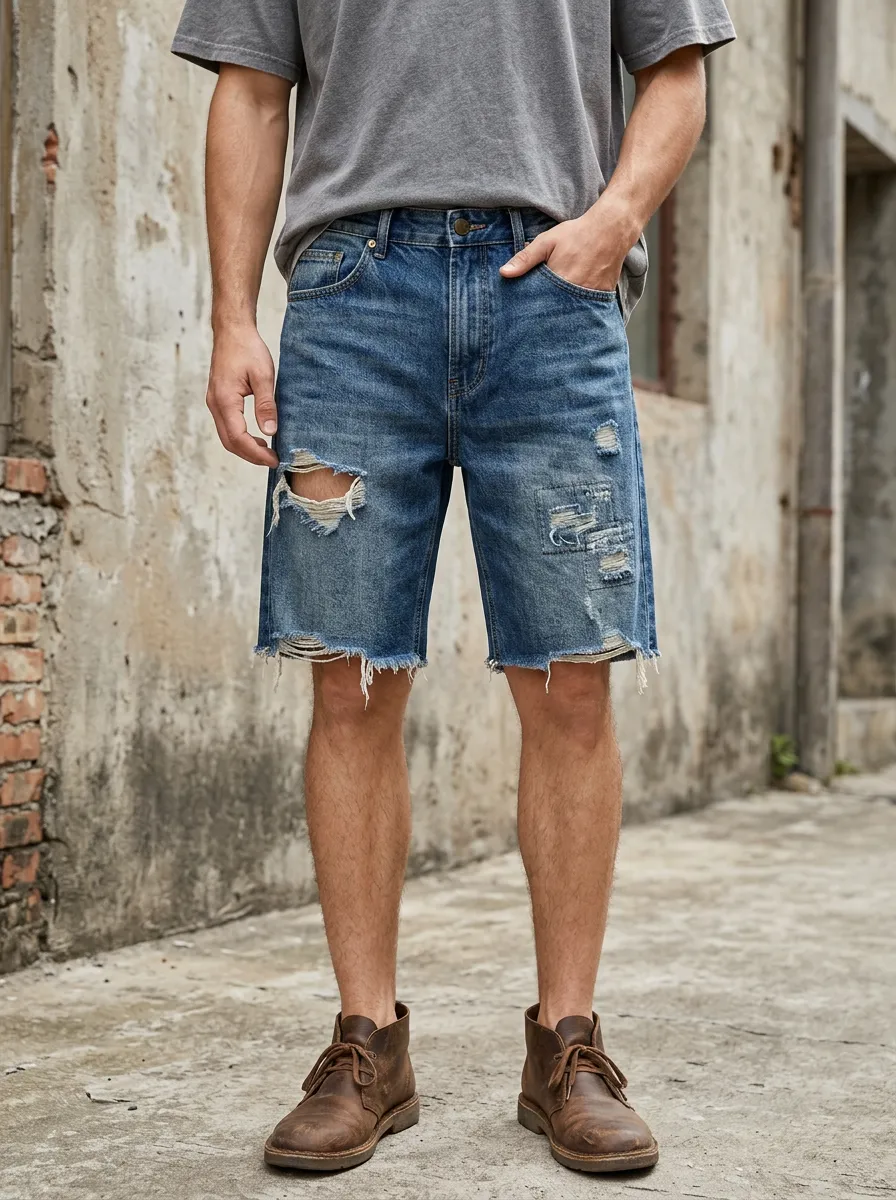 Men's Distressed Ripped Patchwork Denim Shorts