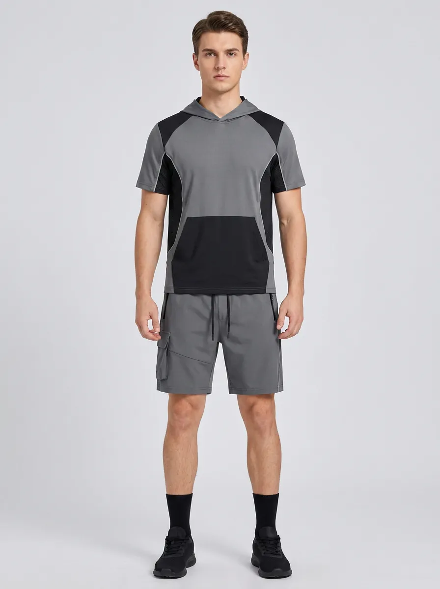 Men's Sporty Casual Colorblock Hooded T-shirt and Cargo Shorts Set
