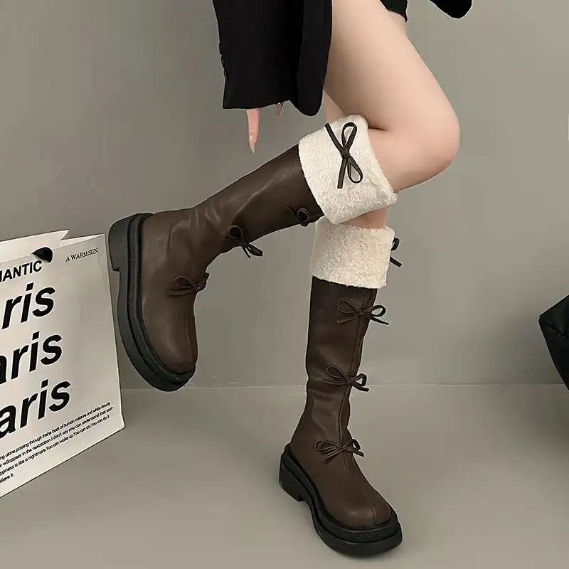 Plush-Lined Round-Toe Square-Heel Knee-High Boots