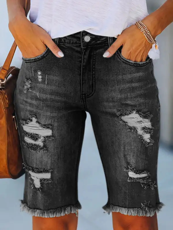 Mid Rise Ripped Elastic Waist Denim Jeans