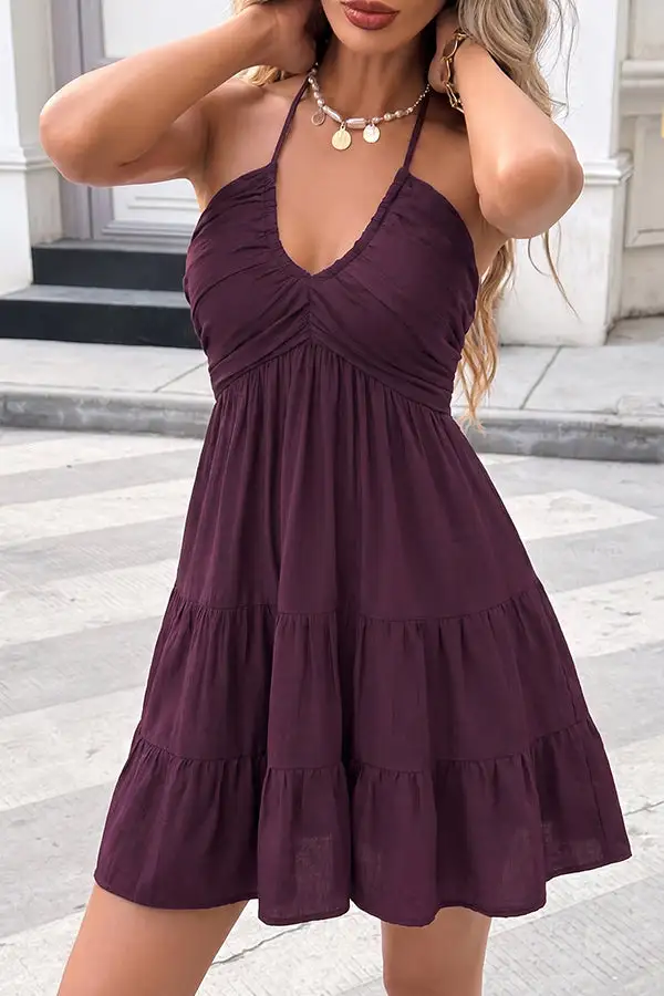 Neck Smocked Pleated Halter Neck Mini Dress