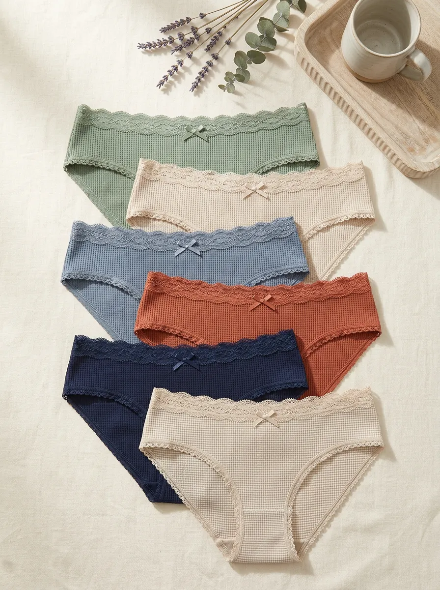 Women's Waffle Knit Lace Trim Bowknot 6-Pack Printed Panties