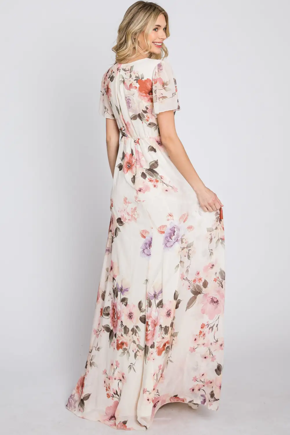 Cream Floral Chiffon Maxi Dress