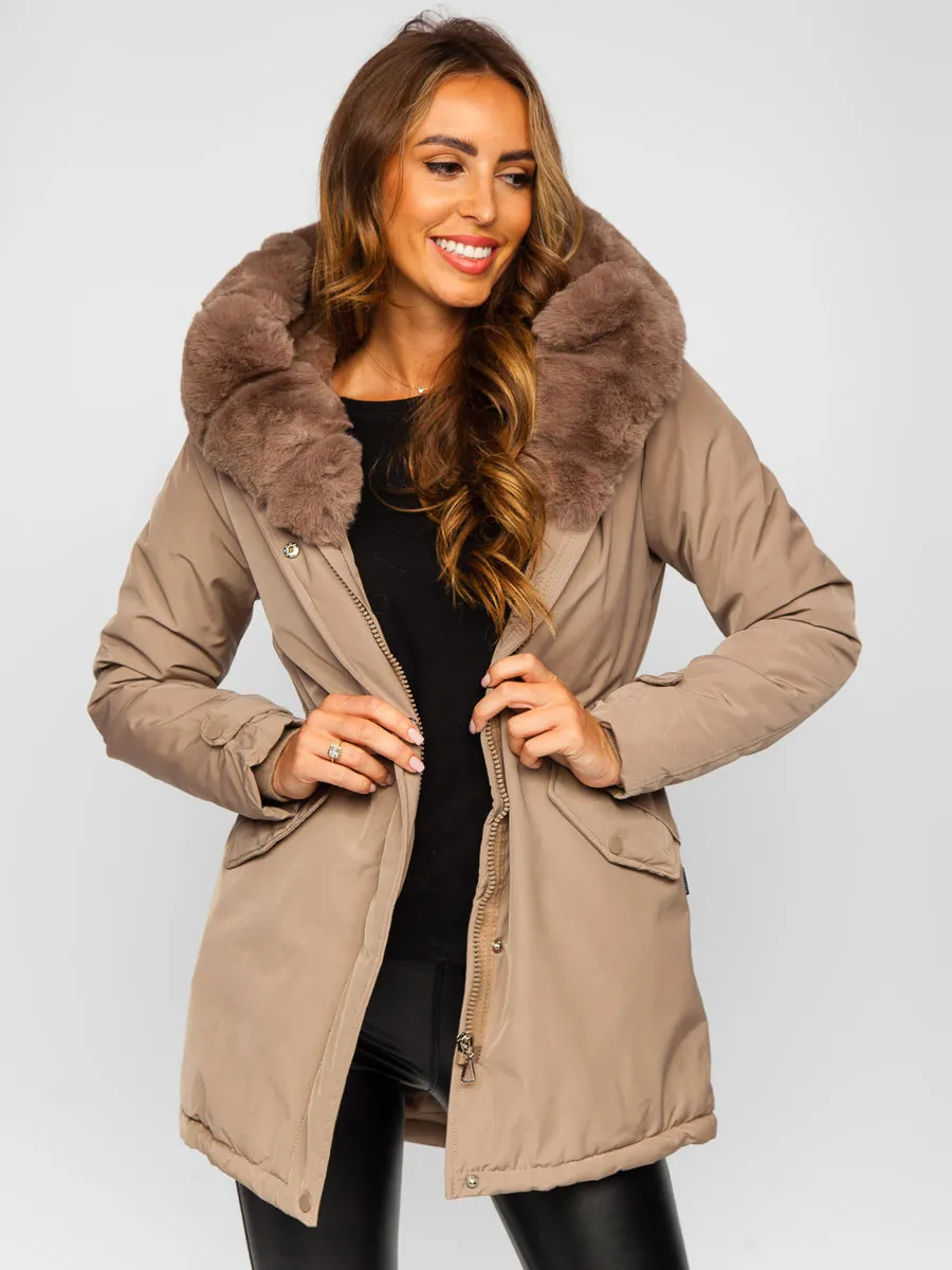 Beige women's winter parka jacket with hood