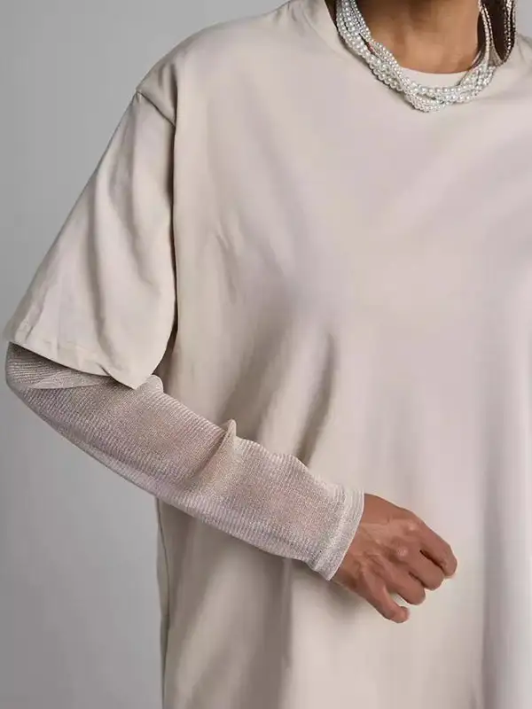 Layered Look Relaxed Sheer Panel Detail Sun Protection Round Neck T-Shirt