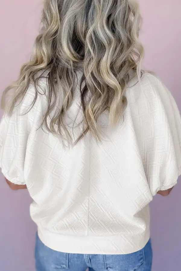 White Contrast Striped Collar Patchwork Textured Half Sleeve Blouse