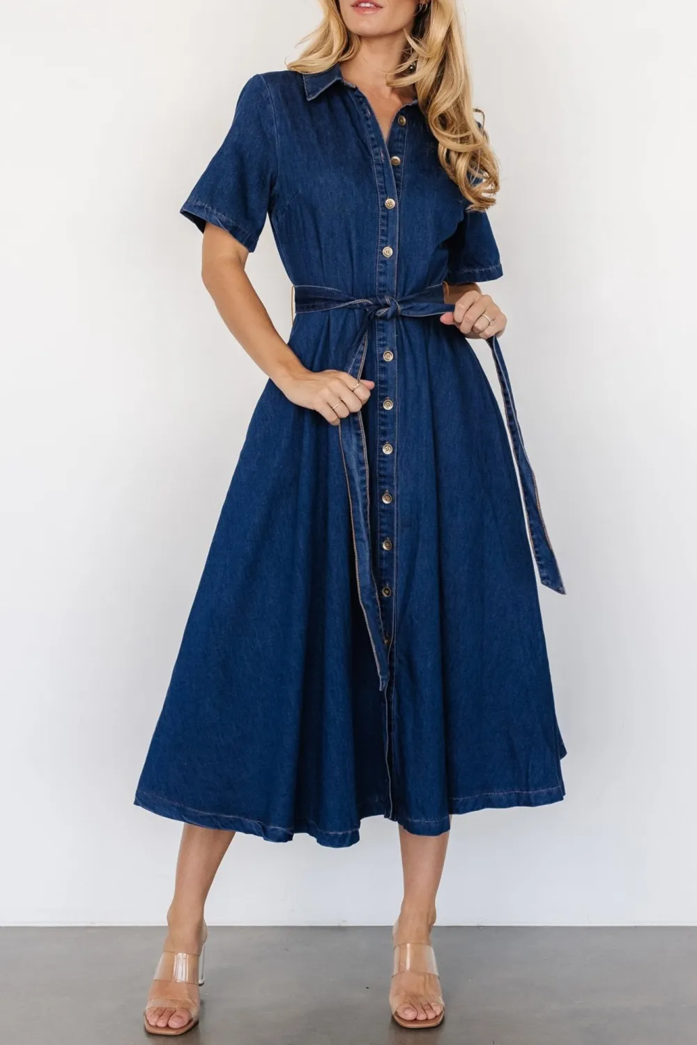 Minimalist Vintage Denim Blue Belt High Waist Dress