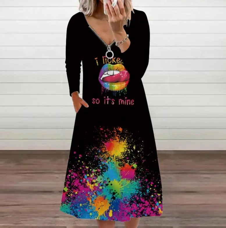Zipper Printed V-Neck Long Sleeve Dress