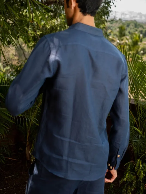 Navy Minimal Linen Button-Up Shirt