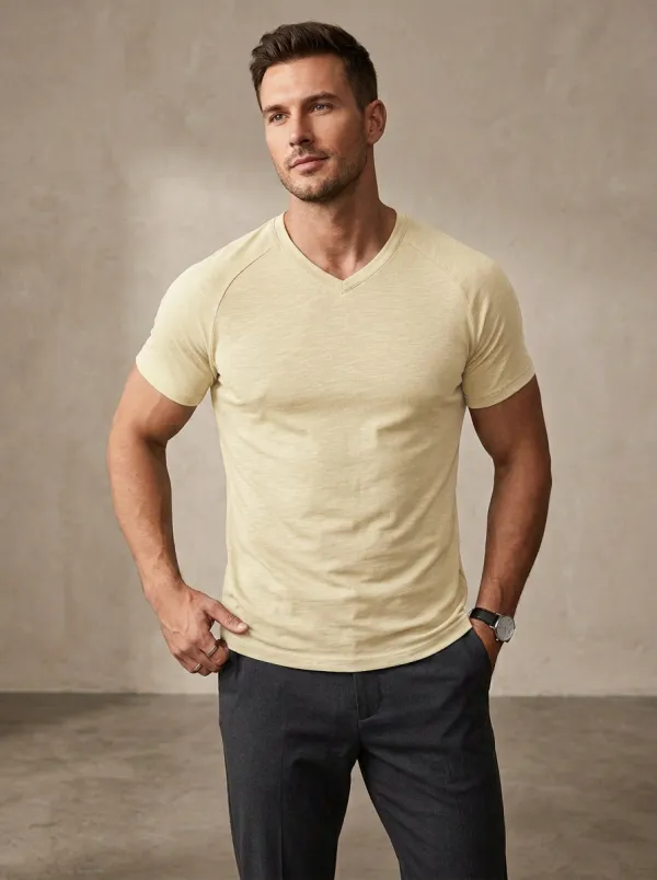 Minimal Raglan Sleeve V-Neck Layering Style Men's Slim Fit Short Sleeve T-Shirt