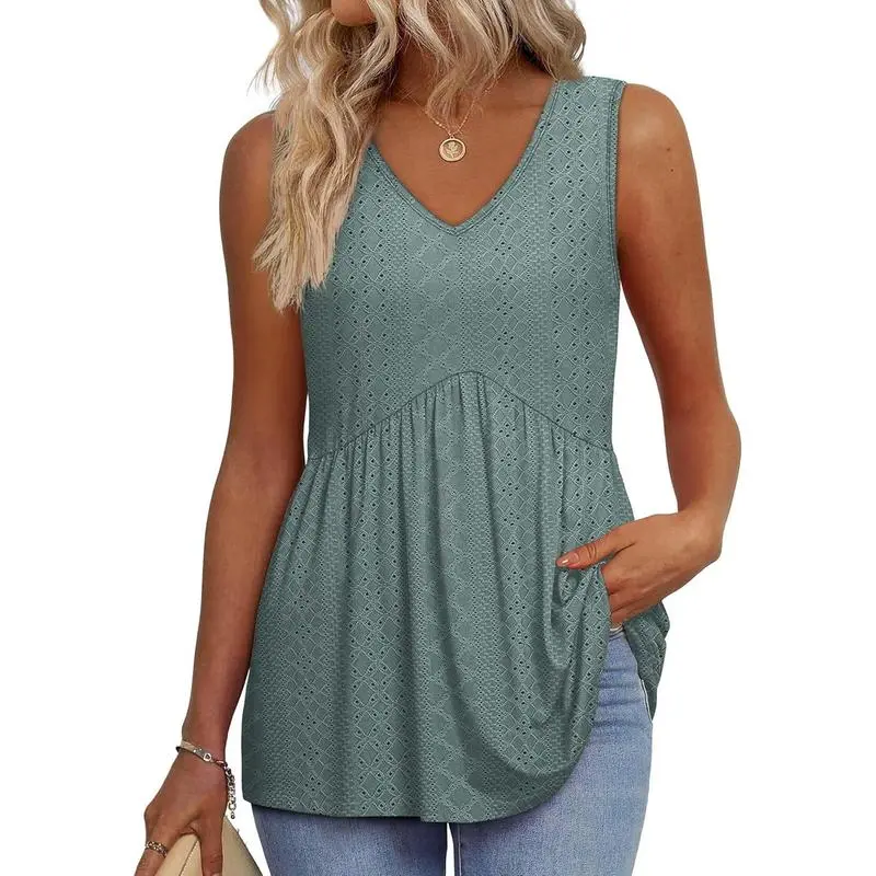 Womens Tank Tops 2025 Flowy Peplum Tops For Women Dressy Sleeveless V Neck Babydoll Tank Tops
