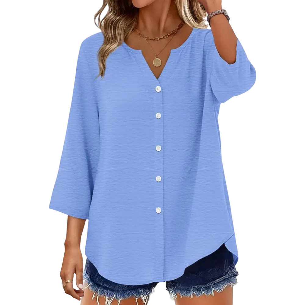 🔥 Women's 3/4 Sleeve V-Neck Button Down Blouse | Loose Fit Casual Tops