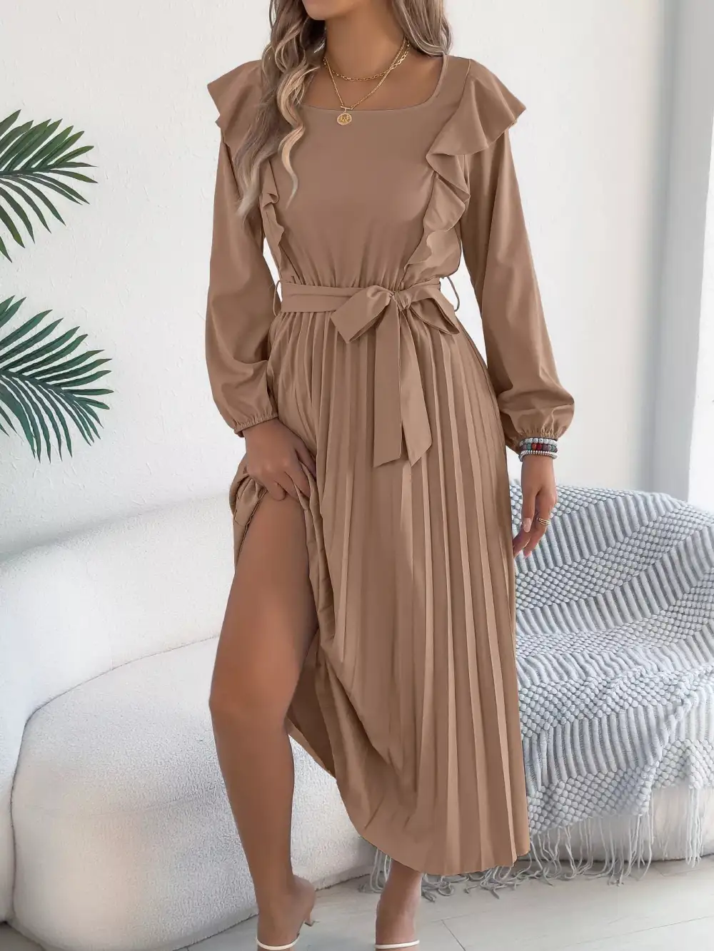 Ruffle Pleated Midi Dress