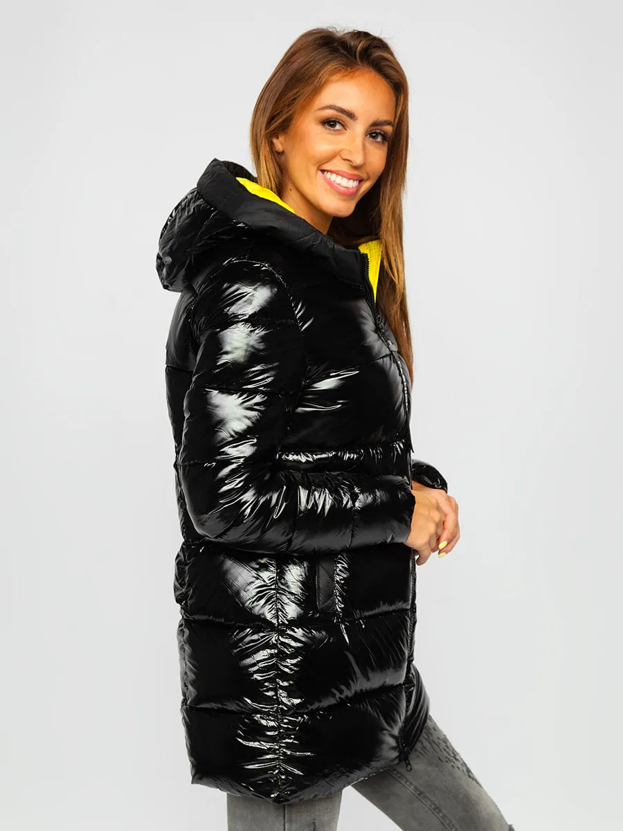 Black and yellow women's quilted winter jacket with hood