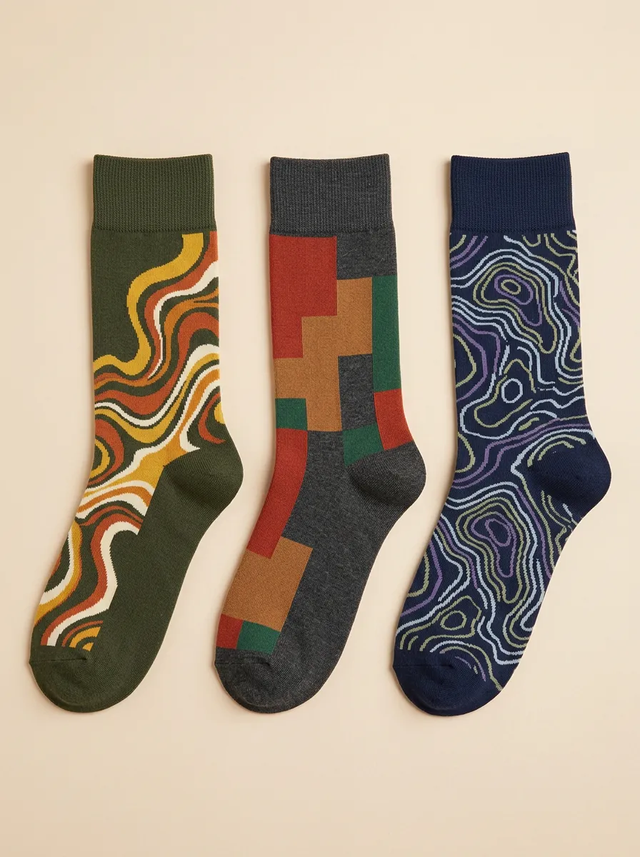 Men's Abstract Geometric Pattern Print Ribbed Cuffs Secure Fit 3-Pack Socks