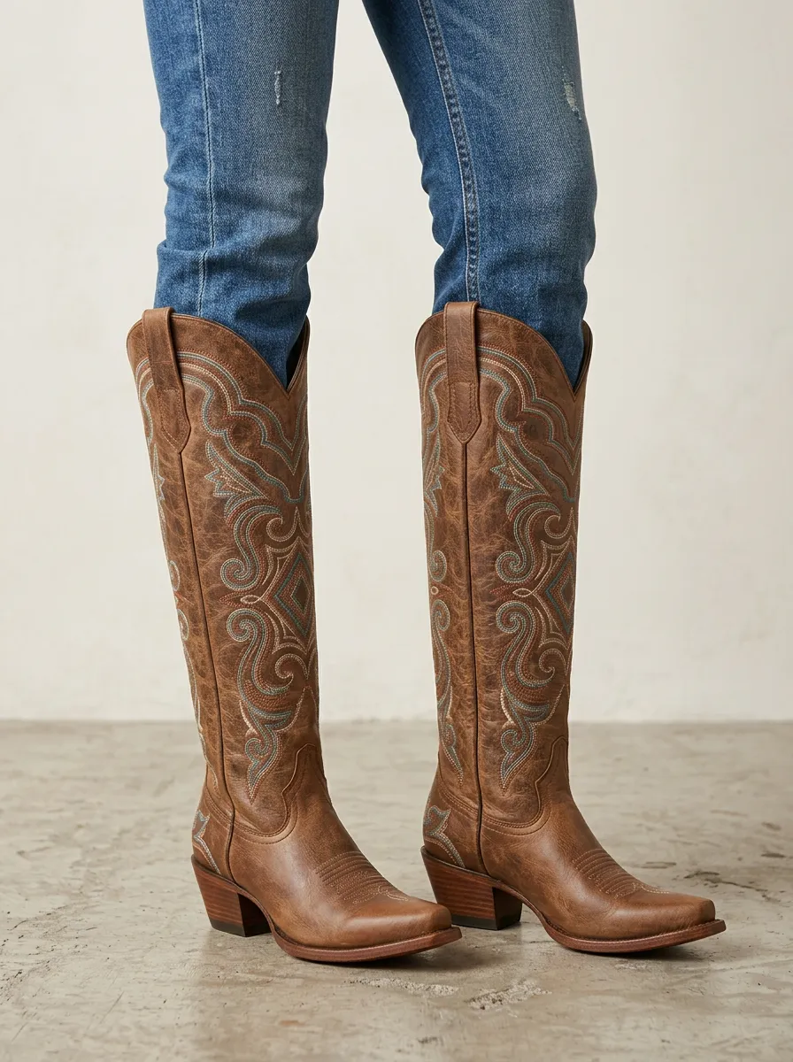 Women's Western Turquoise Embroidered Block-Heel Stacked-Heel Pull-On Denim Over-the-Knee Boots