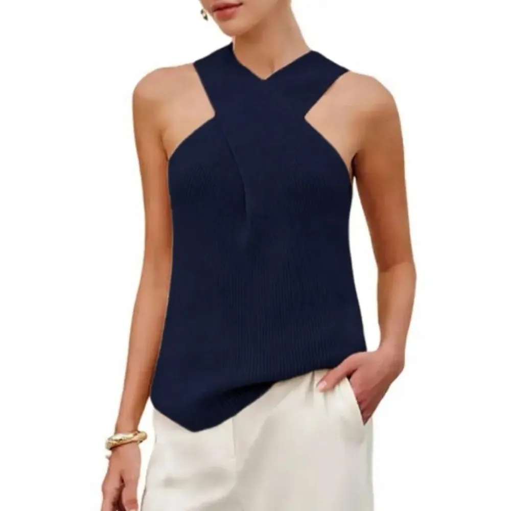 Tanming Women's Halter Cross Over Collar Tank Knit Sleeveless Camisole Top