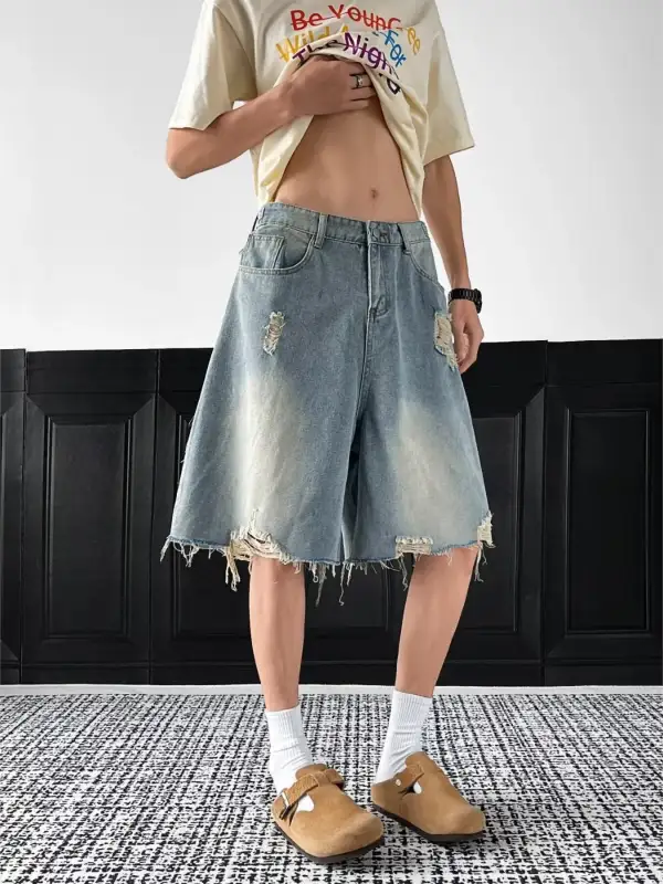 Men's Full Size Distressed Wide Leg Denim Shorts