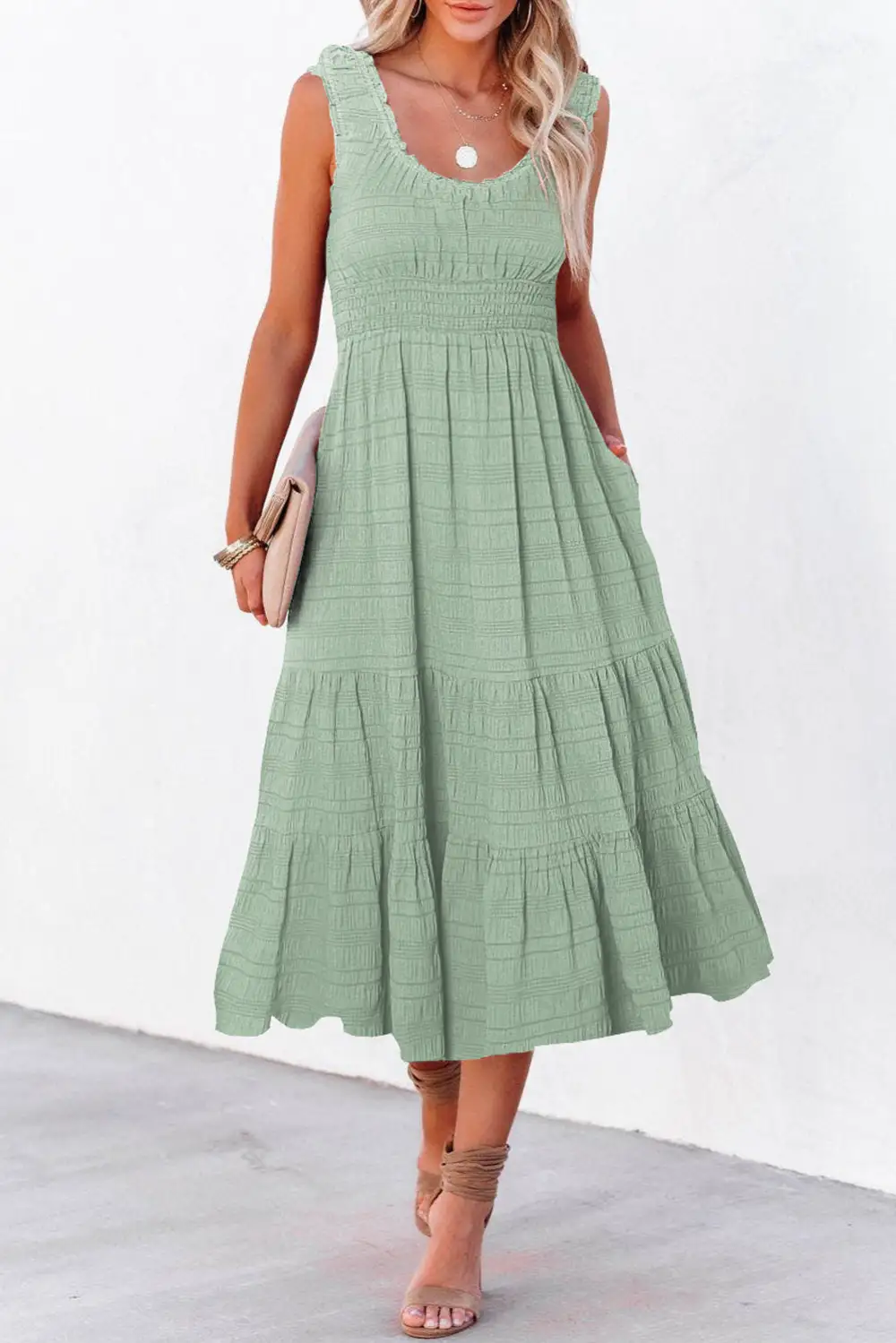 Soft Touch Square Neck Pleated Sleeveless Midi Dress