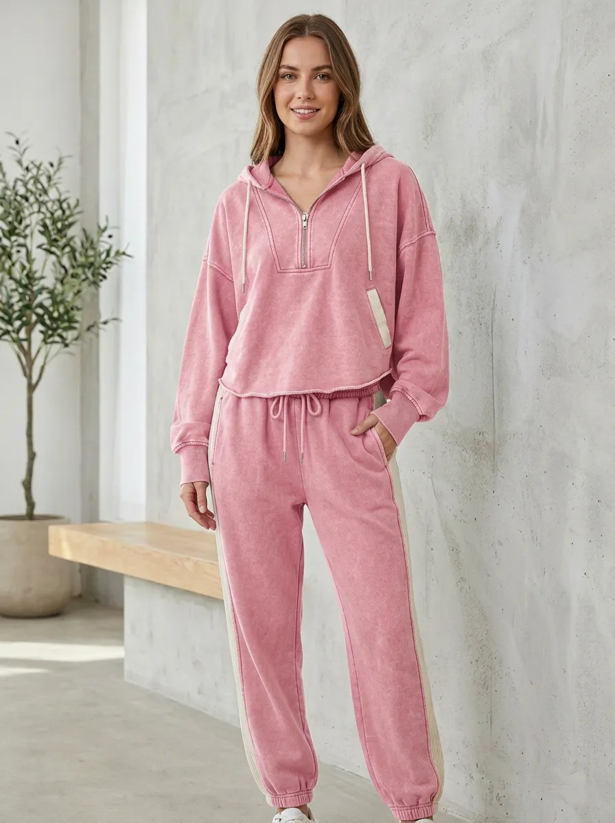 Women's Vintage Wash Quarter-Zip Contrast Panel Hooded Tracksuit