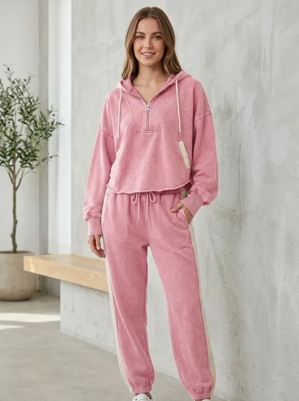 Women's Vintage Wash Quarter-Zip Contrast Panel Hooded Tracksuit