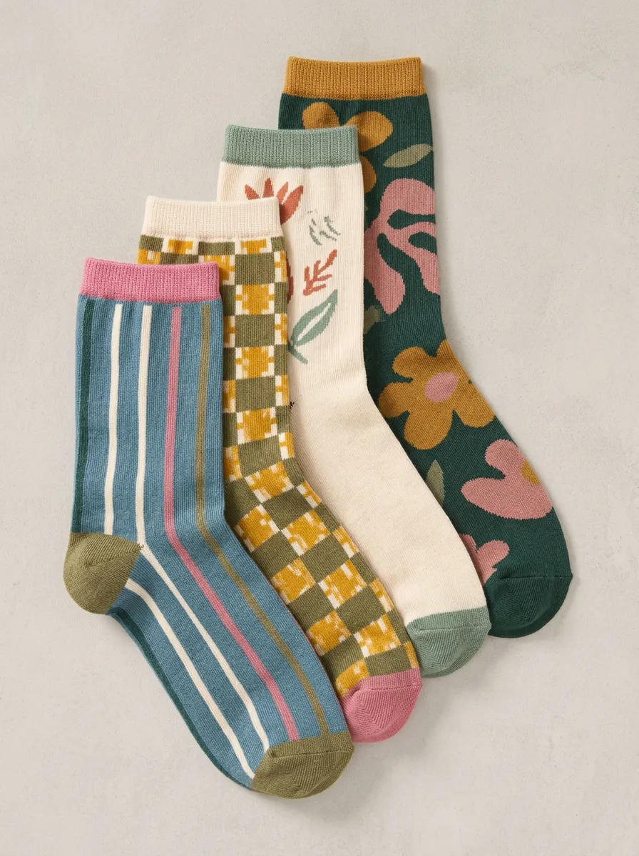 Practical Floral Striped Detail Women's Four Pair Socks